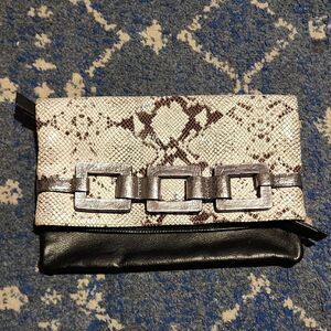 Trina Turk Purse Handbag Clutch Leather Snakeskin Black Statement